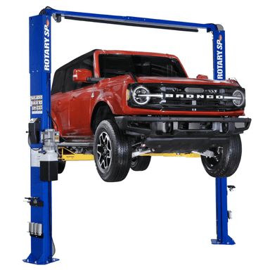 Rotary SPOA10-AV 10,000 Lbs. Two-Post Asymmetric Lift Front View with Red Car