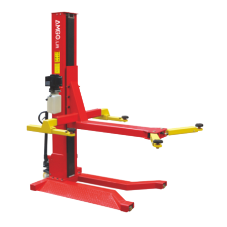 Red and yellow AMGO hydraulic single post car lift 