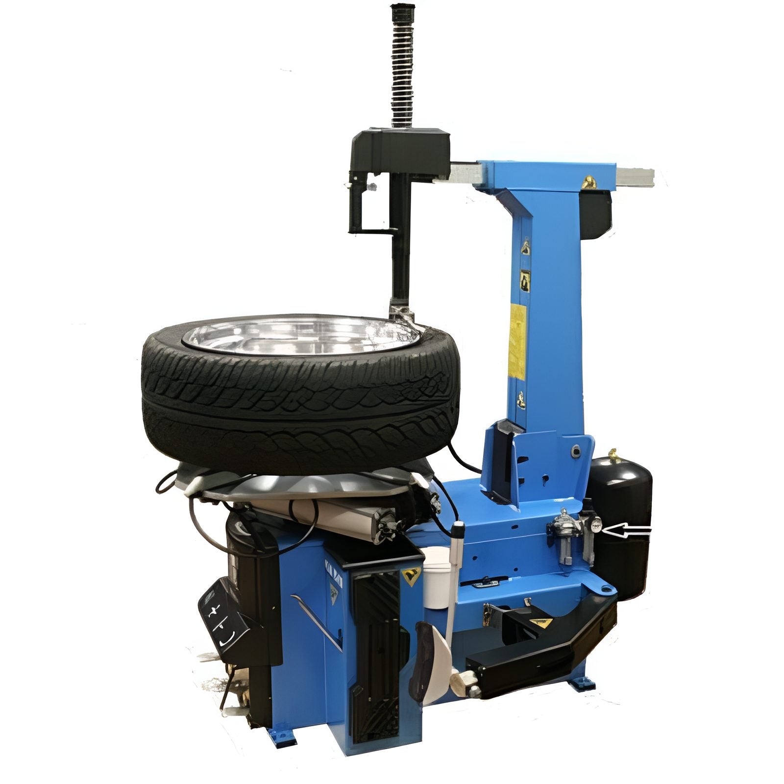 Atlas TC755 Tilt-Back Rim-Clamp Tire Changer w/ Beadblaster Side View with Wheel