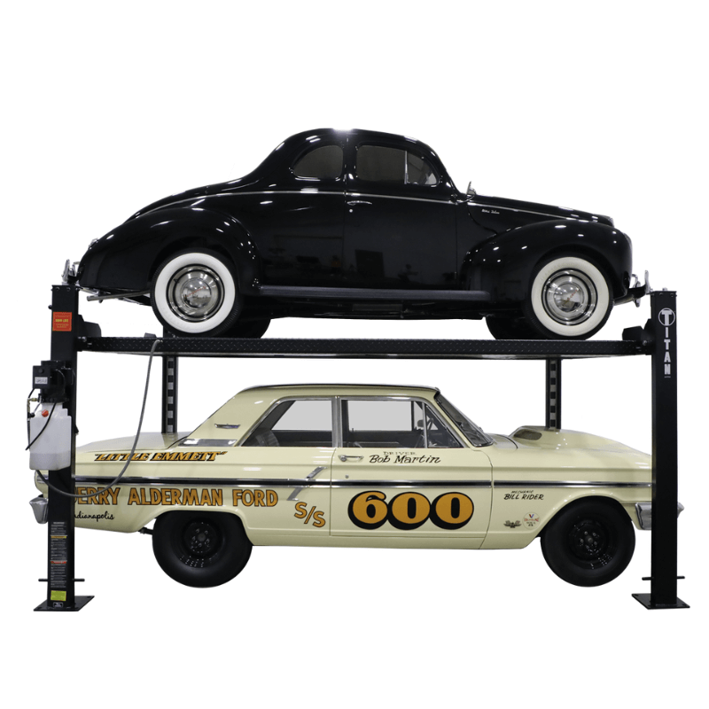 Titan SDPL 8000 4 Post Lift Side View with 2 Cars up and down
