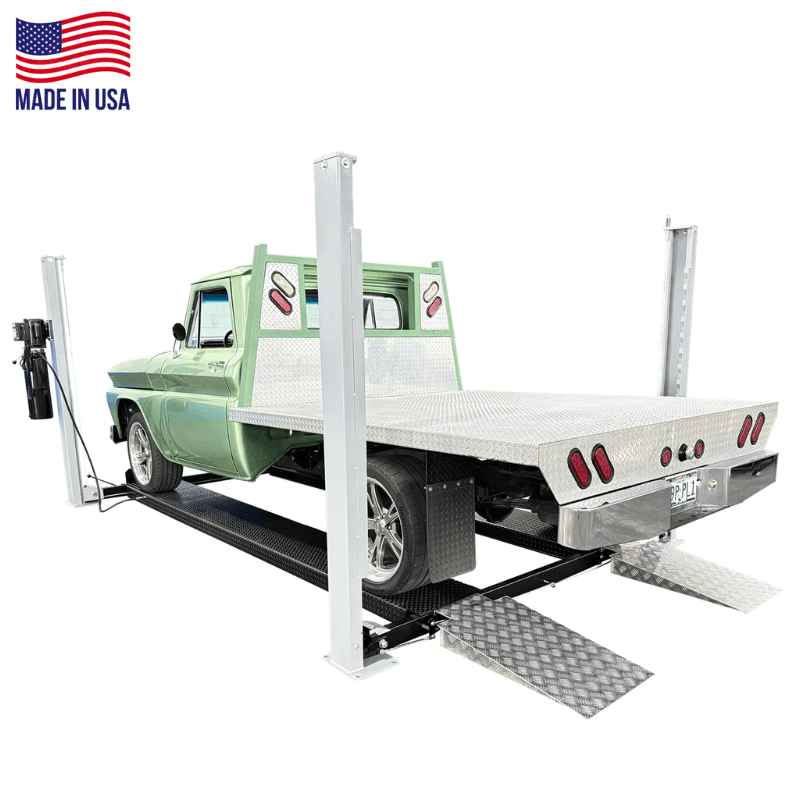 USA8000 8,000lb 4 Post Lift - Made in USA - Side View with car Lifting Low