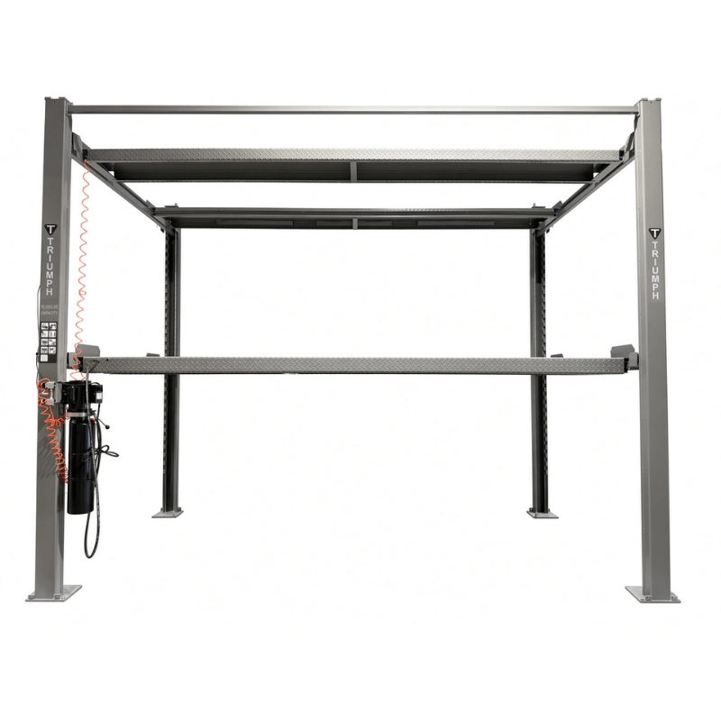 Triumph NSS-5x2 10,000 lb 3 Car Four Post Lift Side View Triple Stacker