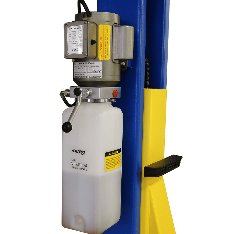 TP9KFX 9,000lb 2 Post Car Lift - Symmetric Motor and Oil Tank View