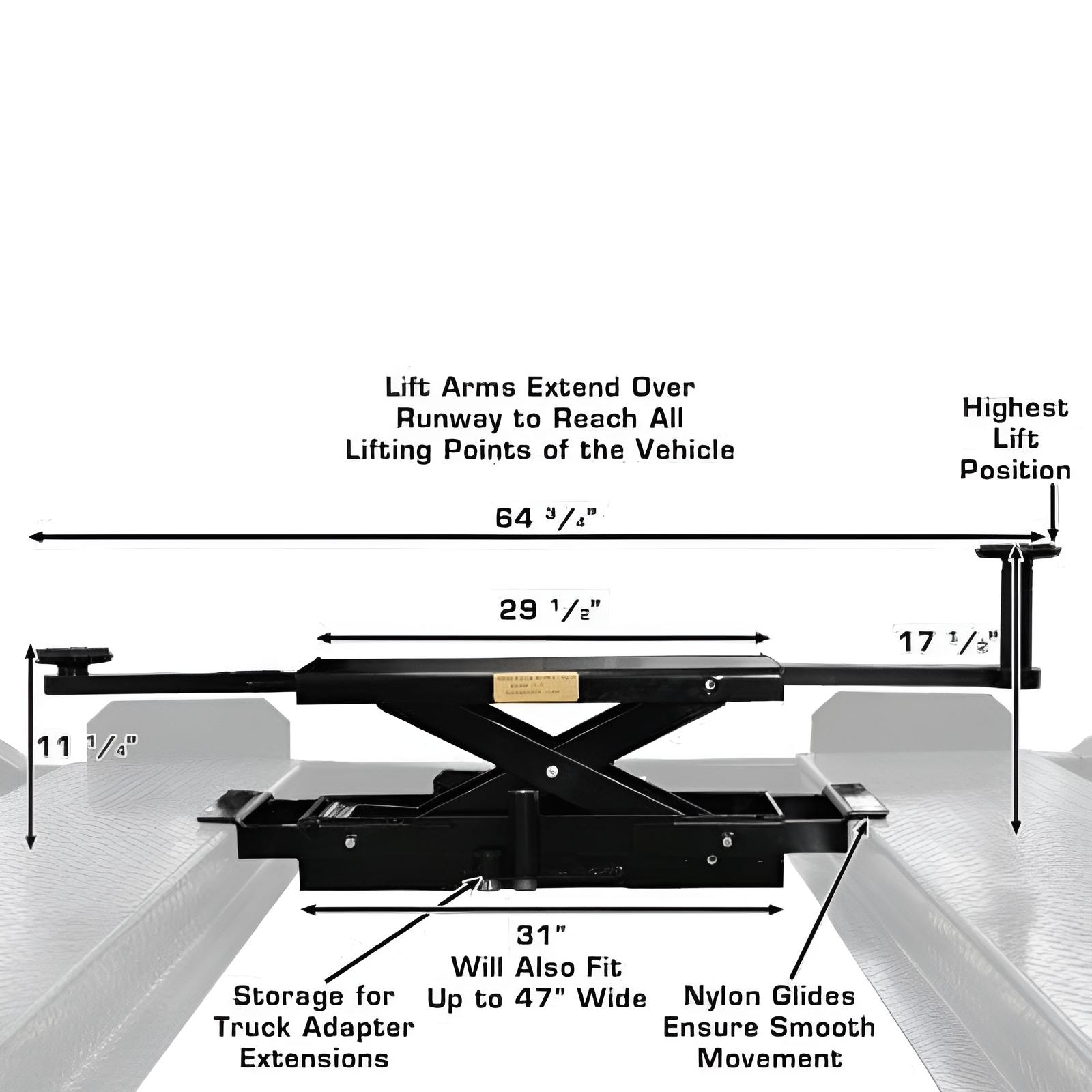 Atlas PROJACK35 Sliding Bridge Jack Side View with Dimensions View