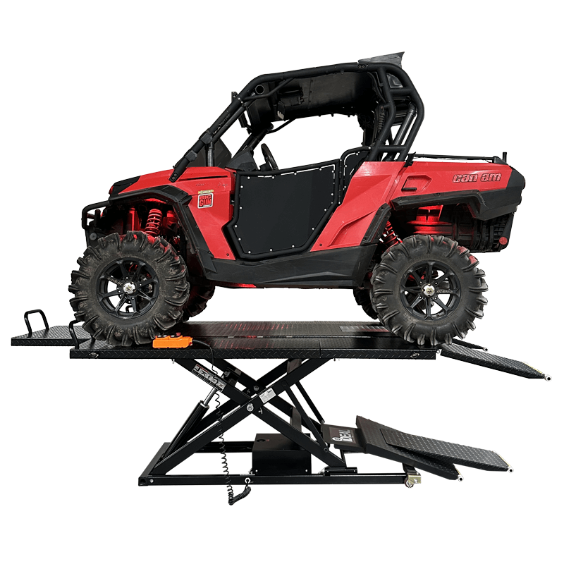 U-2200IEH-XR Hydraulic UTV Lift by IDeal with vehicle on top view