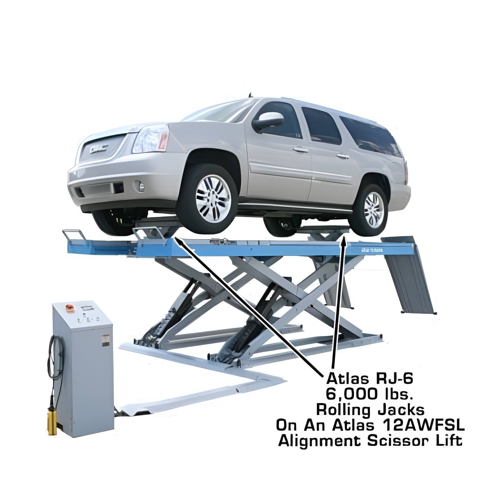 RJ-6 6,000 lb Rolling Bridge Jack Side View with Car
